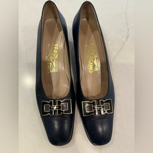 Salvatore Ferragamo Vintage Navy Blue Heels with Gold Accents